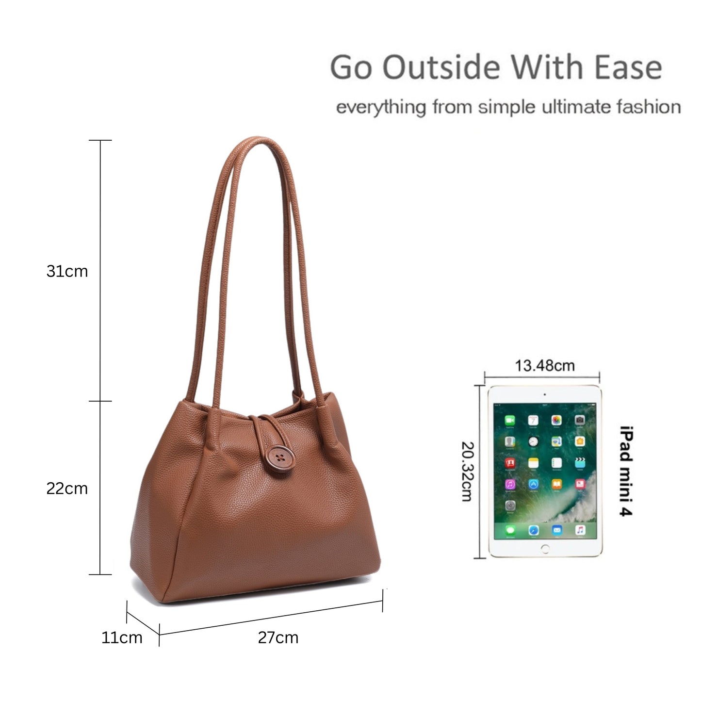 Stylish Button Closure Shoulder Bag with Inner Zipper Pocket & Long Straps