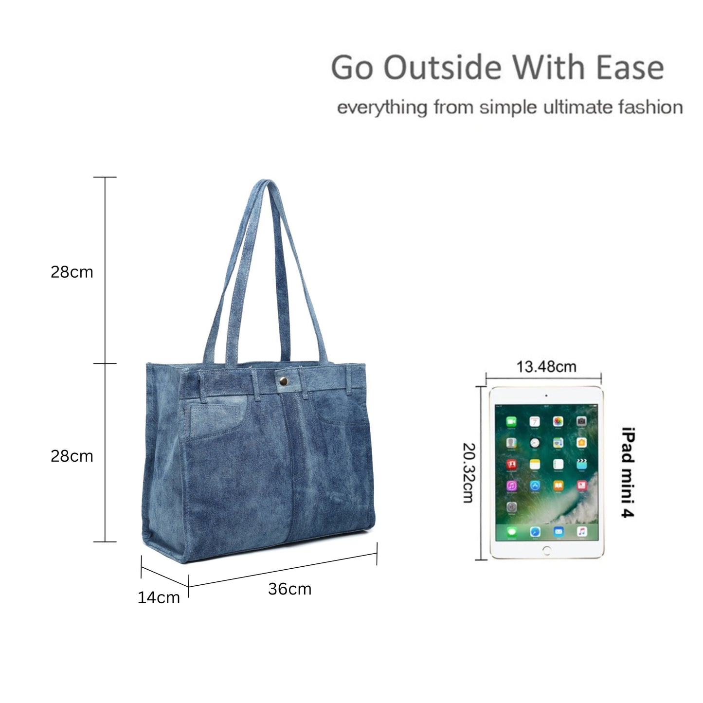 Stylish Denim Shoulder Bag with Zipper Closure & Pockets