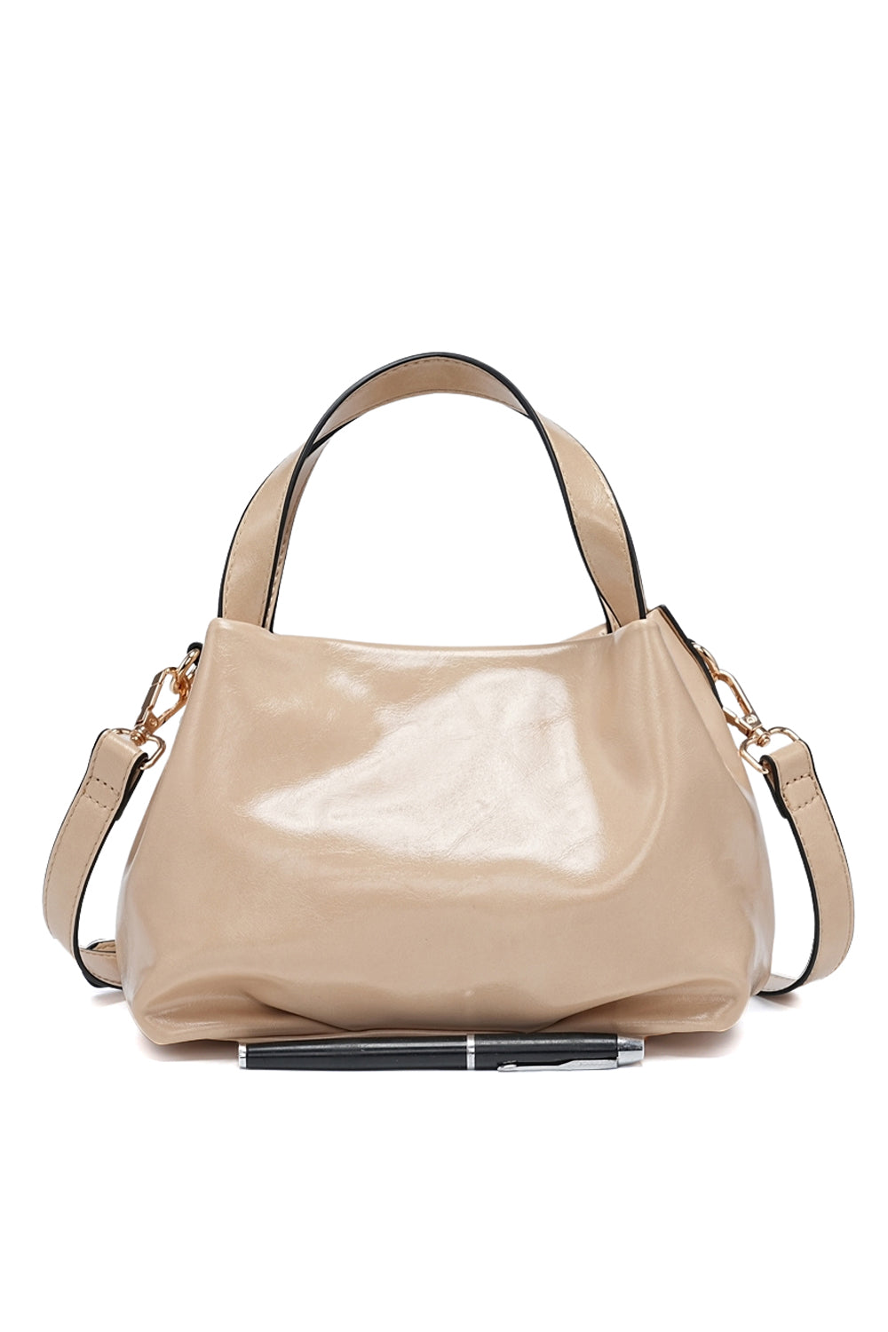 Versatile Handbag and Crossbody with Sleek, Shiny Zippered Design