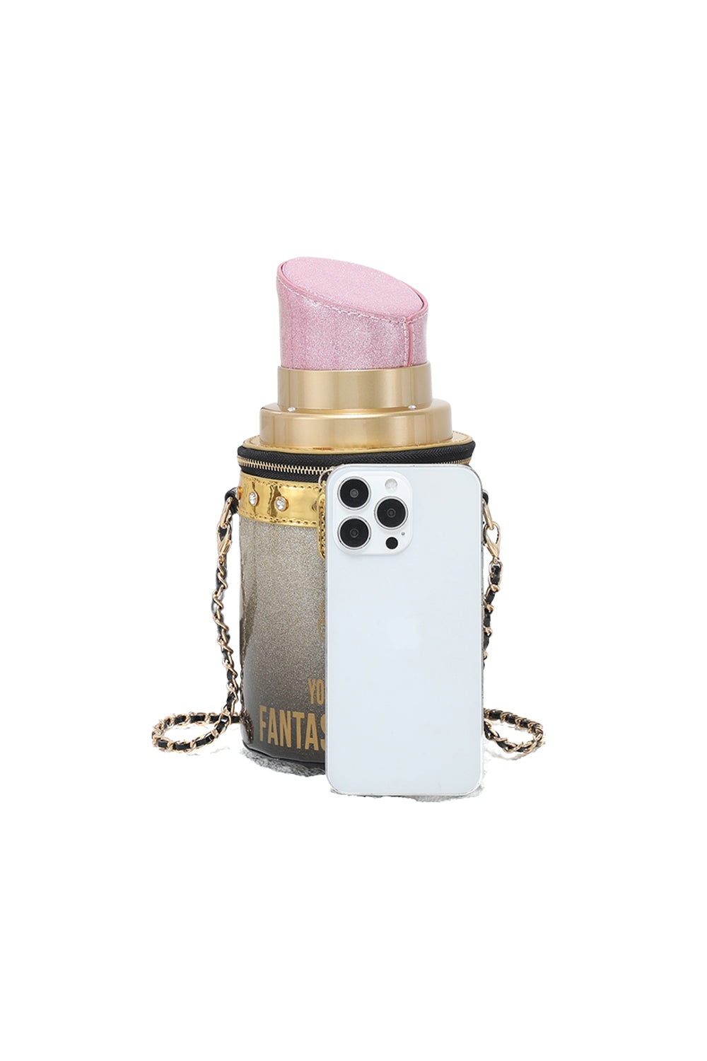 Lipstick-Shaped Crossbody Bag with Chain Strap & Zip Top