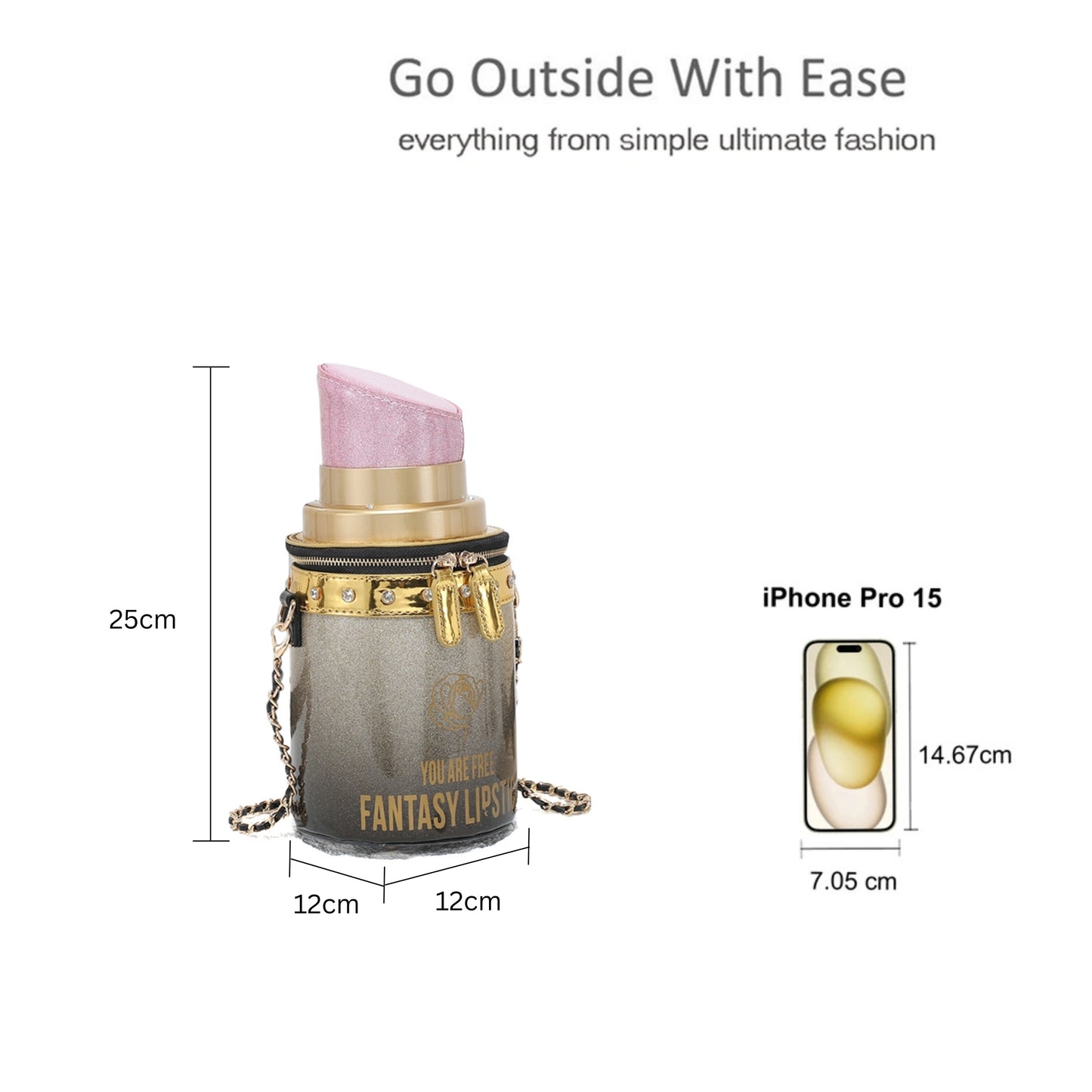 Lipstick-Shaped Crossbody Bag with Chain Strap & Zip Top