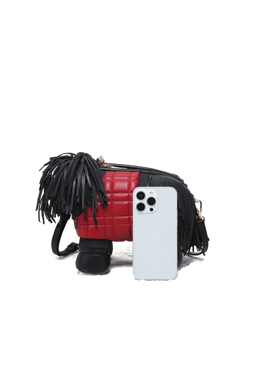 Dog-Shaped Crossbody Bag with Fringe Detail and Zip Closure