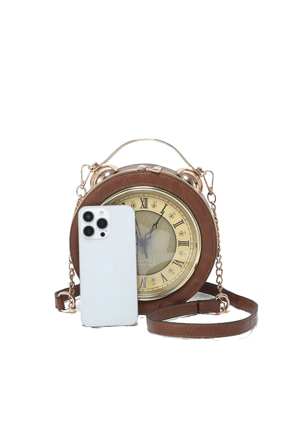 Vintage Clock-Inspired Crossbody Bag with Chain Strap