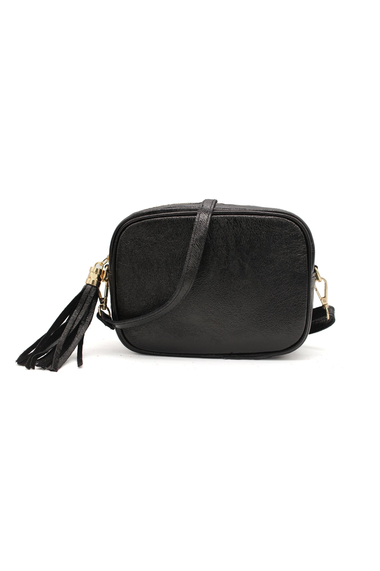 Metallic Crossbody Bag with Zipper Closure and Tassel Detail