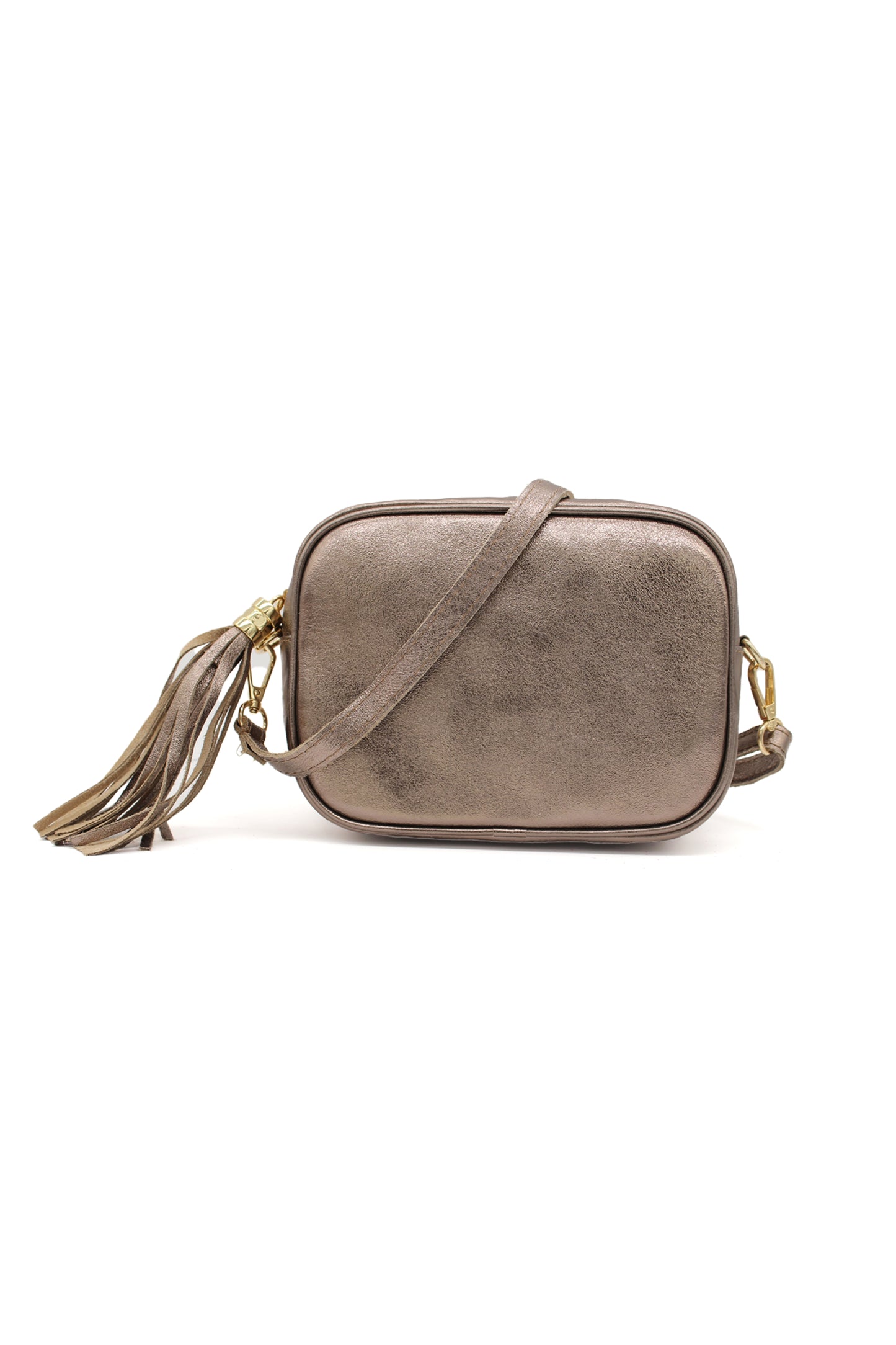 Metallic Crossbody Bag with Zipper Closure and Tassel Detail