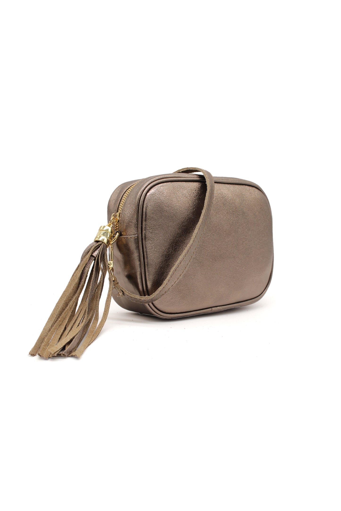 Metallic Crossbody Bag with Zipper Closure and Tassel Detail