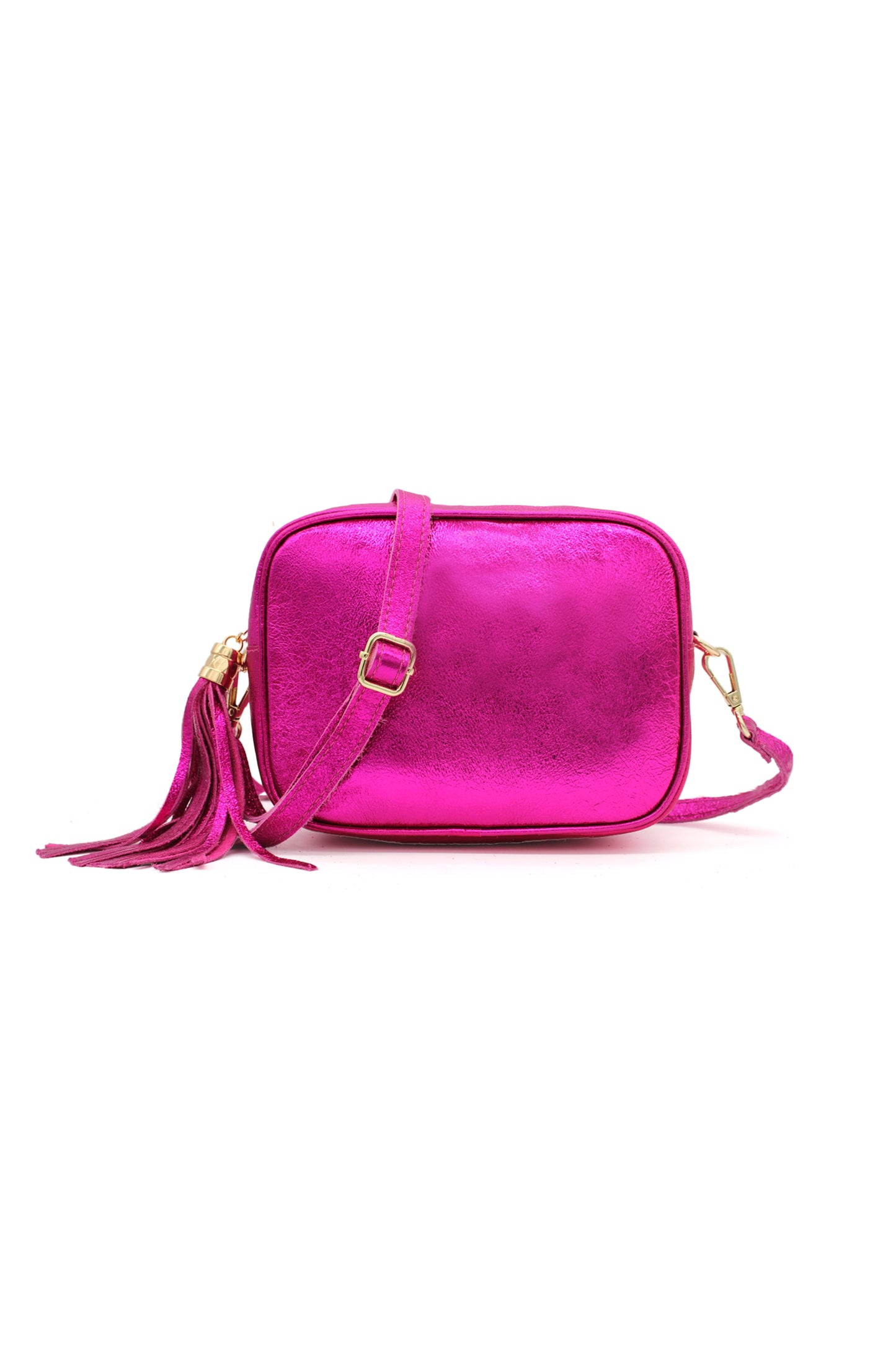 Metallic Crossbody Bag with Zipper Closure and Tassel Detail