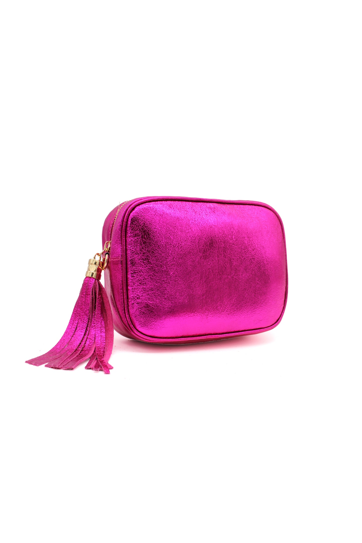 Metallic Crossbody Bag with Zipper Closure and Tassel Detail