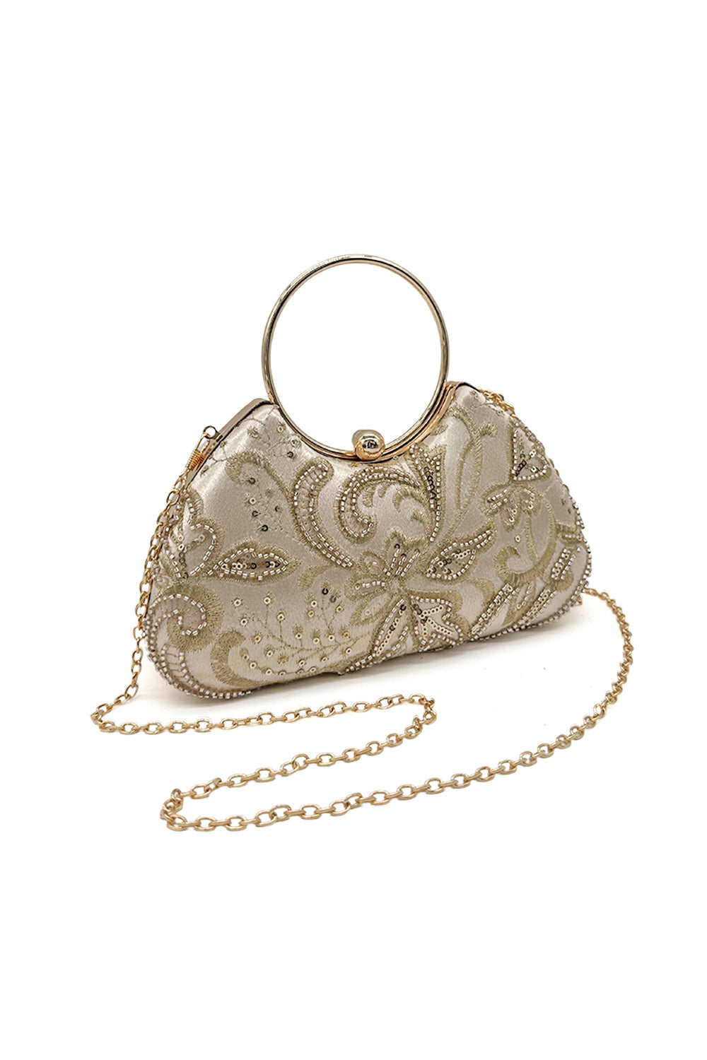 Floral Embellished Clutch Purse with Beading and Chic Round Handle
