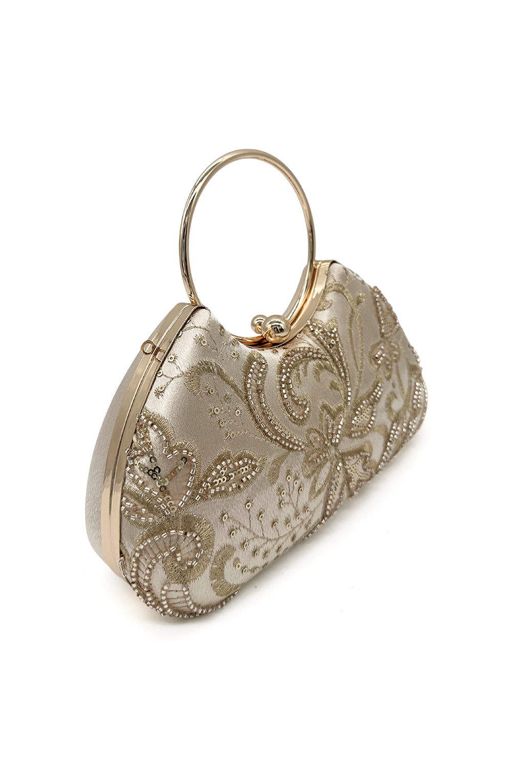 Floral Embellished Clutch Purse with Beading and Chic Round Handle