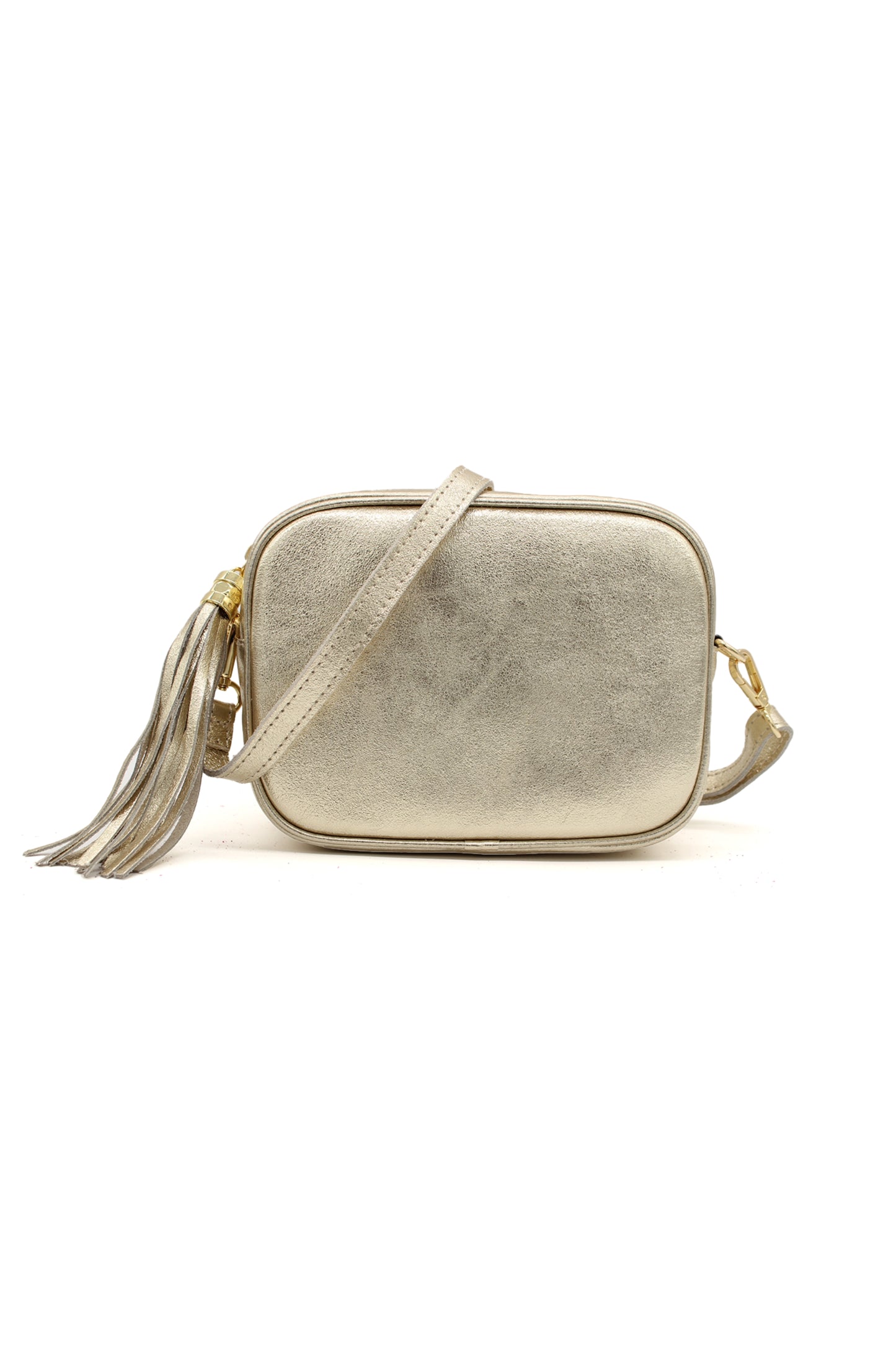 Metallic Crossbody Bag with Zipper Closure and Tassel Detail