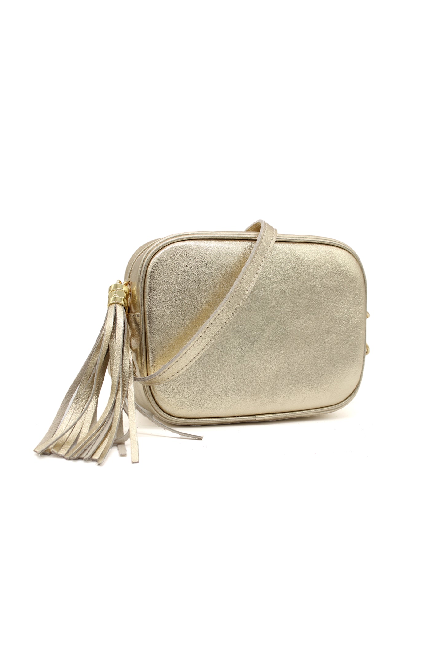 Metallic Crossbody Bag with Zipper Closure and Tassel Detail