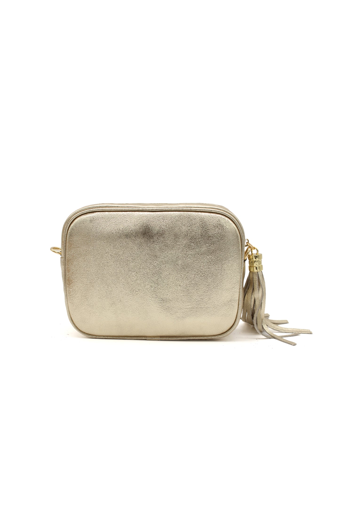 Metallic Crossbody Bag with Zipper Closure and Tassel Detail