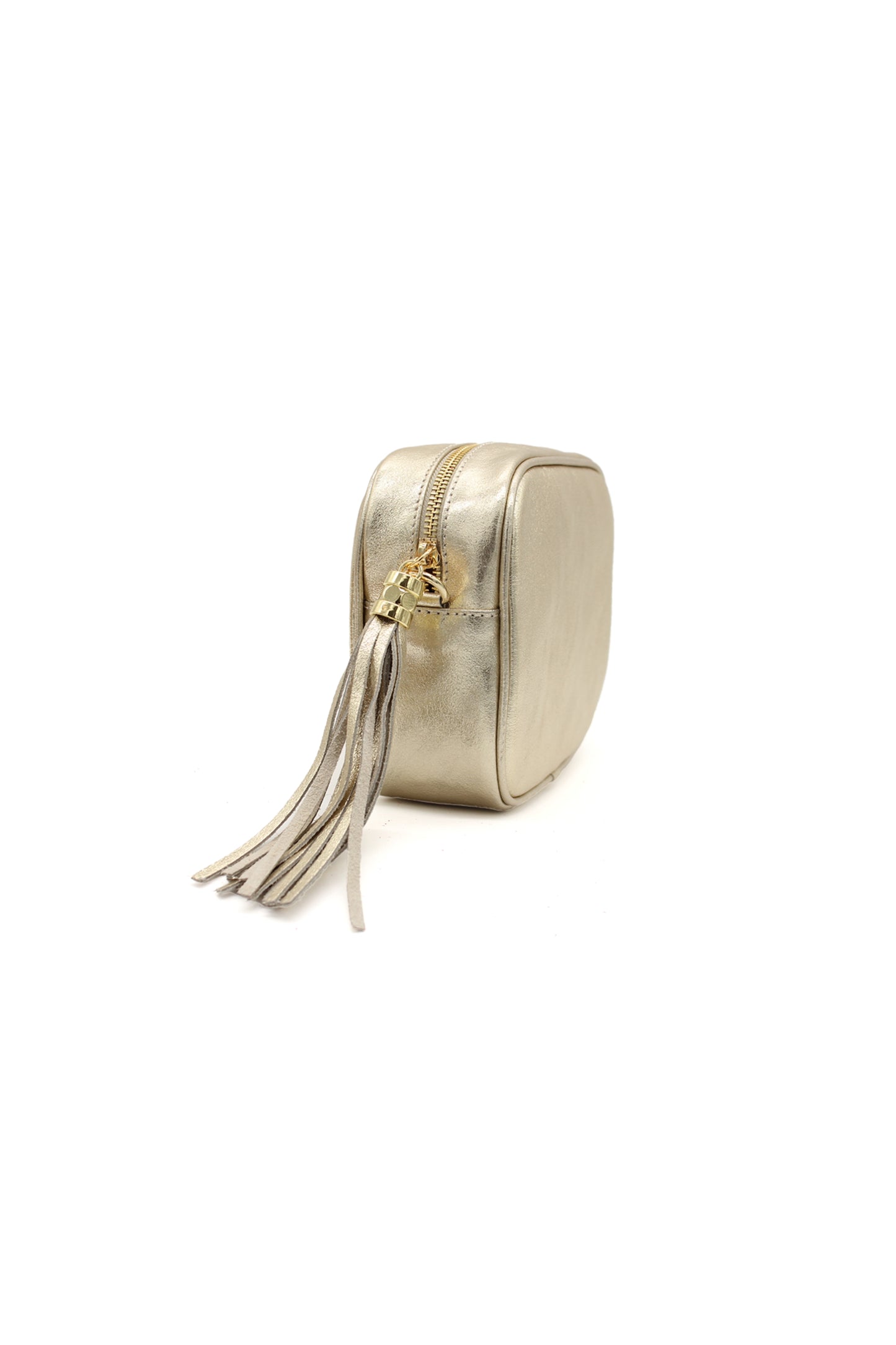 Metallic Crossbody Bag with Zipper Closure and Tassel Detail