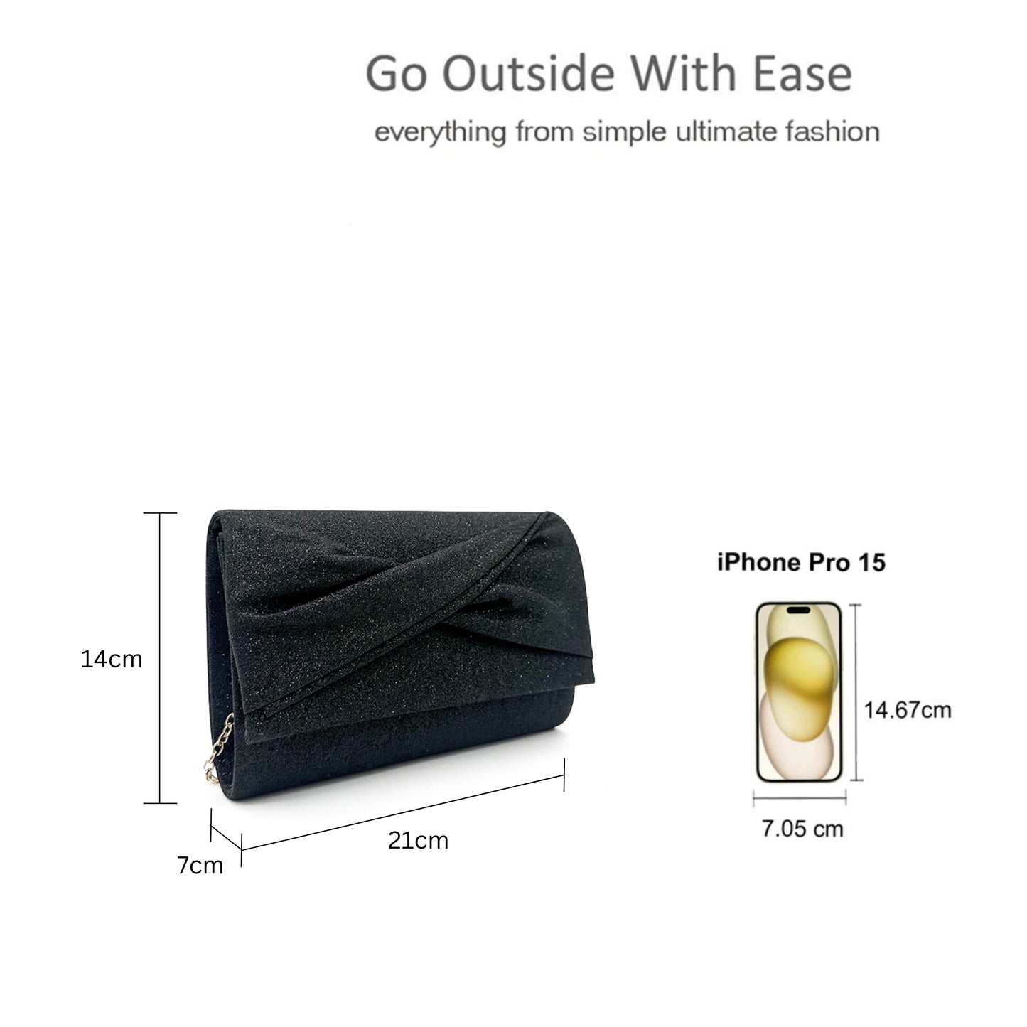 Pleated Glitter Clutch Bag with Chain Strap