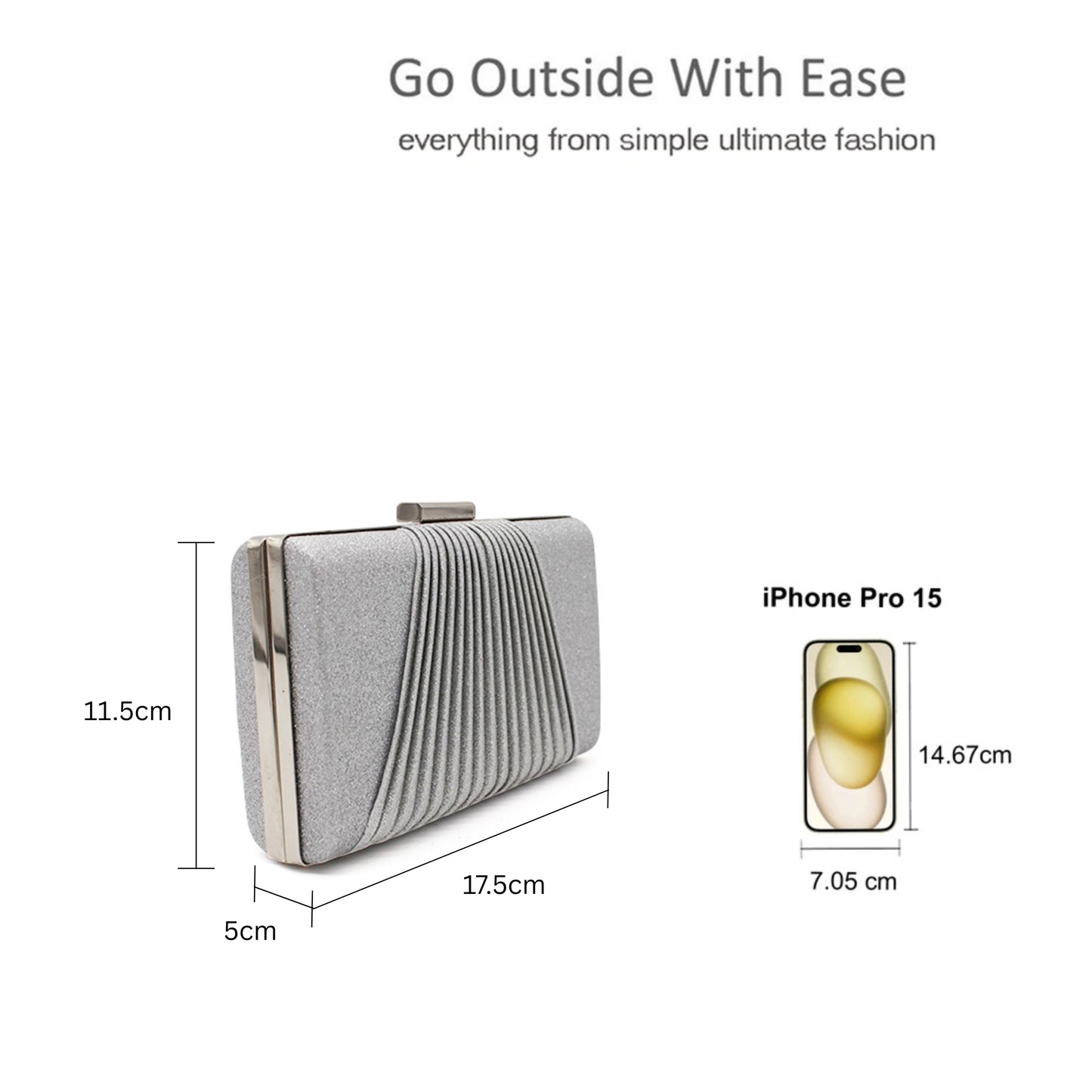 Glitter Clutch Bag with Pleated Design and Chain Strap