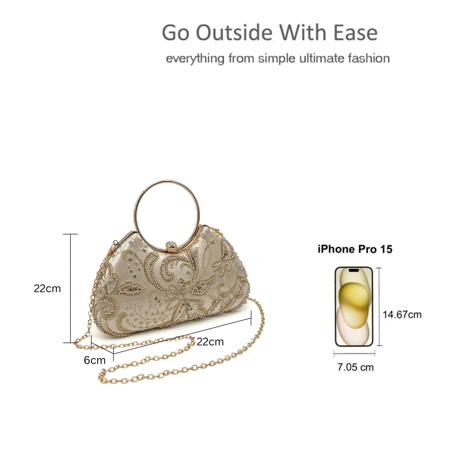 Floral Embellished Clutch Purse with Beading and Chic Round Handle