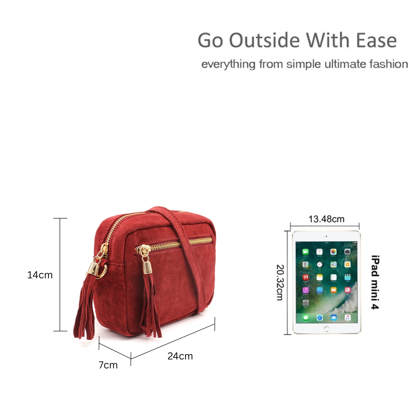 Casual Italian Genuine Suede Crossbody Bag with Tassel Zipper Closure