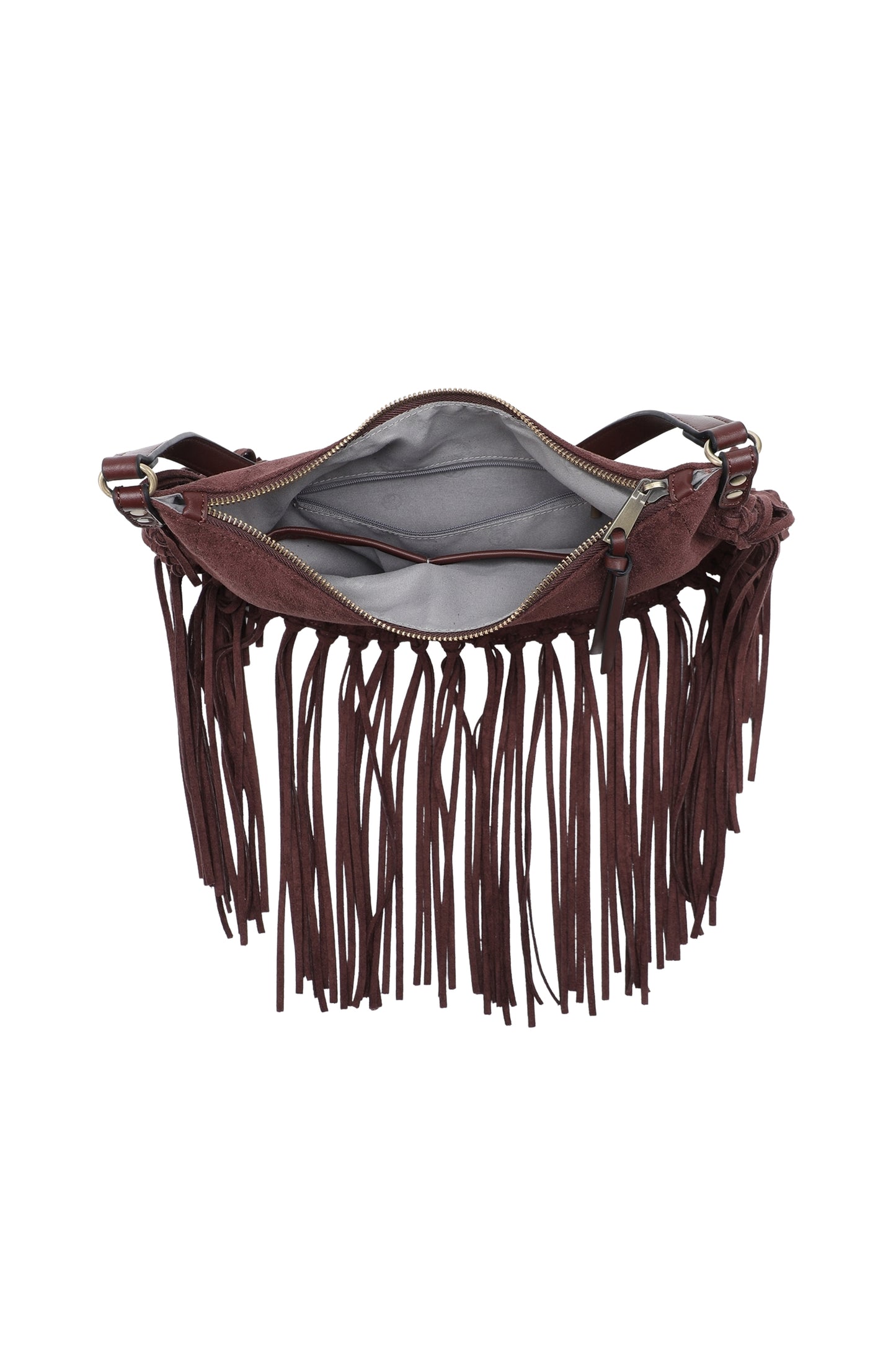 Vegan Suede Fringe Hobo Shoulder Bag with Tassel Detail