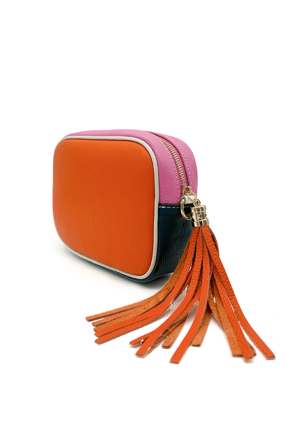 Italian Leather Colorblock Crossbody Camera Bag with Tassel