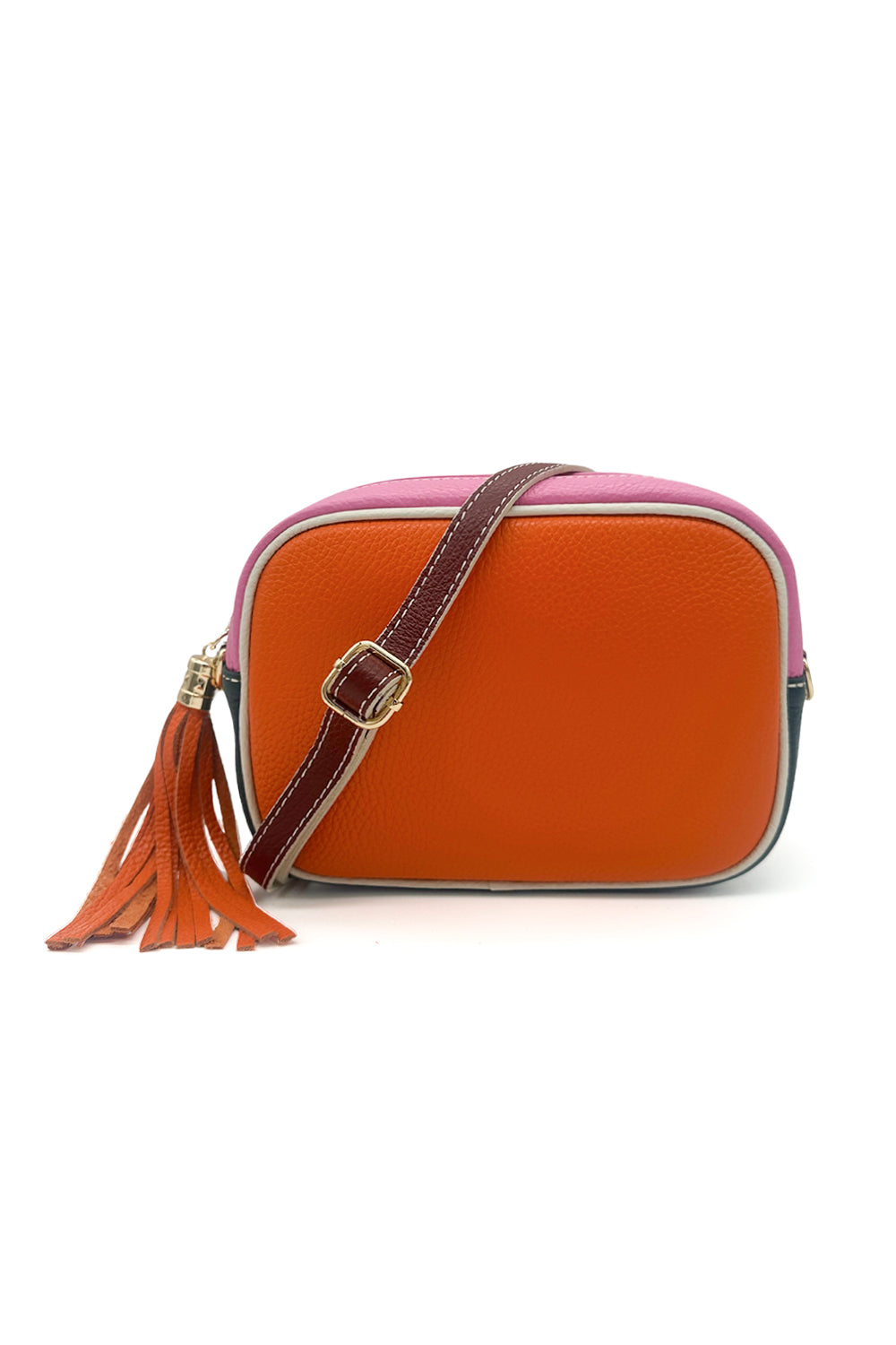 Italian Leather Colorblock Crossbody Camera Bag with Tassel