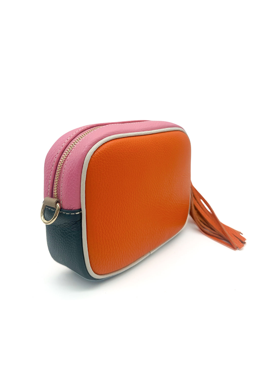 Italian Leather Colorblock Crossbody Camera Bag with Tassel
