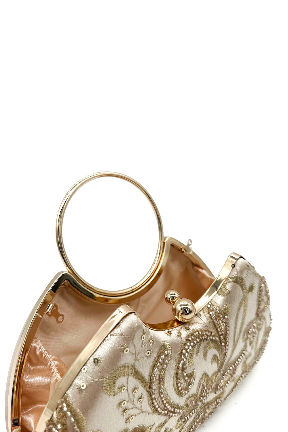 Floral Embellished Clutch Purse with Beading and Chic Round Handle