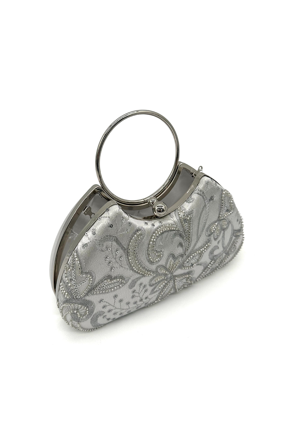 Floral Embellished Clutch Purse with Beading and Chic Round Handle
