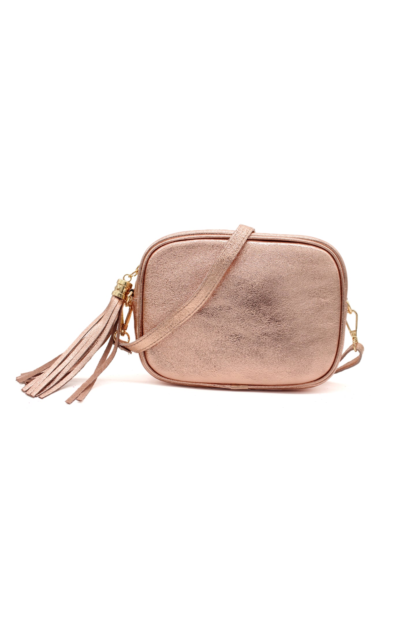 Metallic Crossbody Bag with Zipper Closure and Tassel Detail