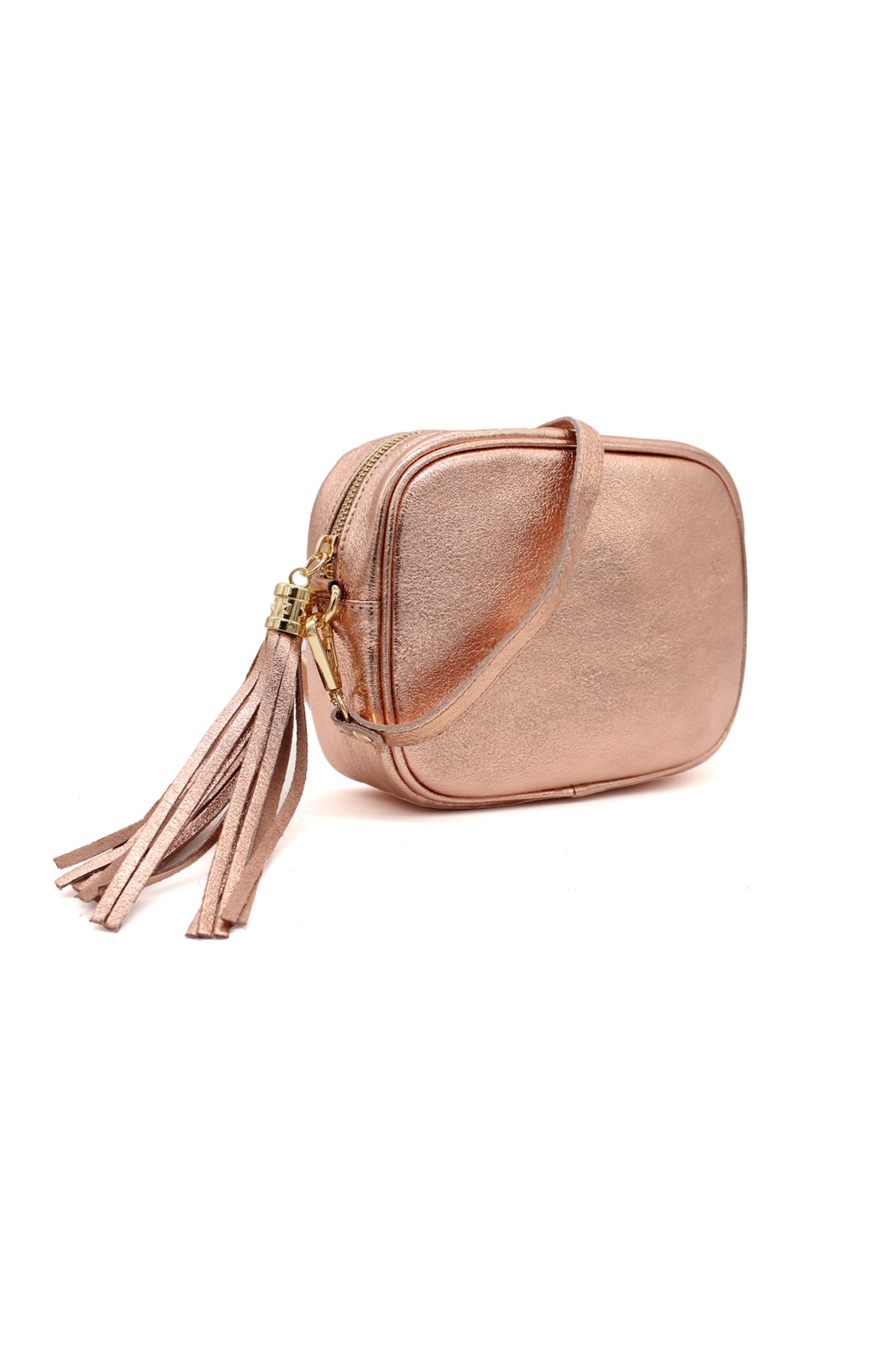 Metallic Crossbody Bag with Zipper Closure and Tassel Detail