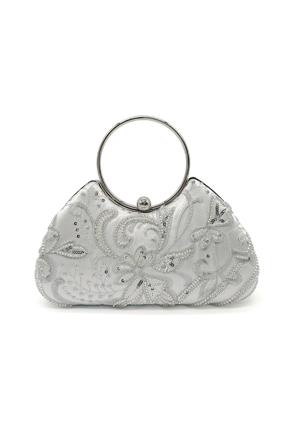 Floral Embellished Clutch Purse with Beading and Chic Round Handle