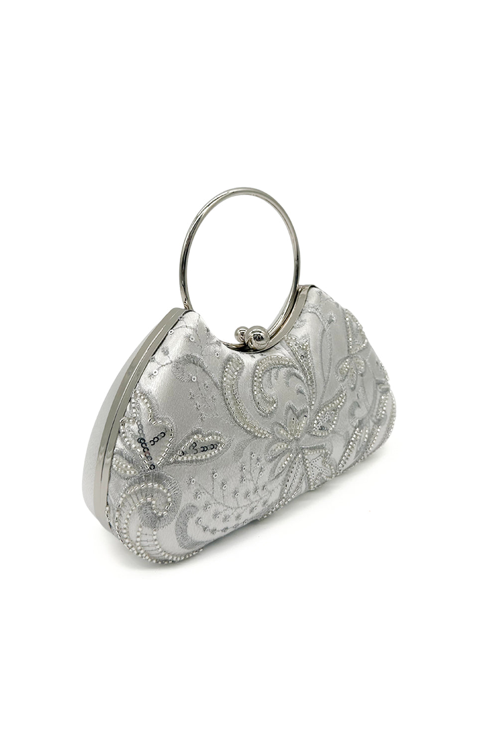 Floral Embellished Clutch Purse with Beading and Chic Round Handle