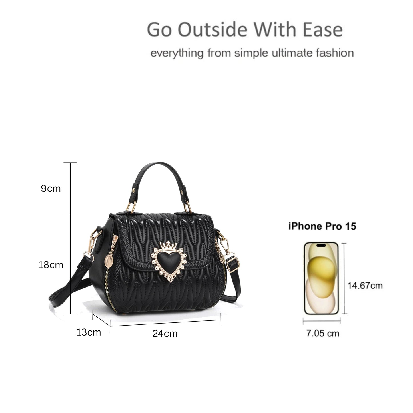 Heart Accent Quilted Crossbody Bag with Top Handle