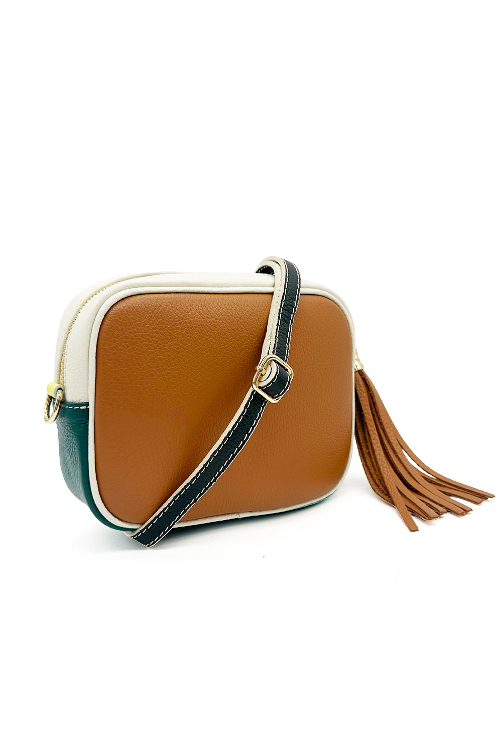 Italian Leather Colorblock Crossbody Camera Bag with Tassel