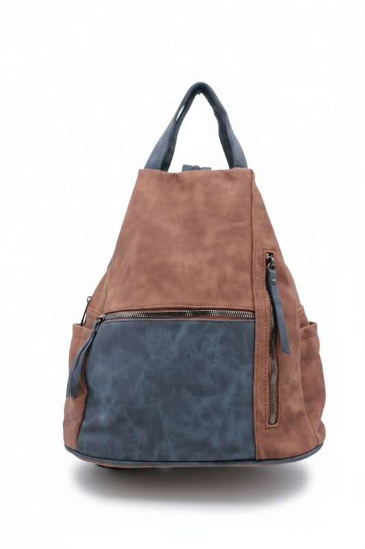 Convertible Dual-Tone Shoulder Bag Backpack with Zip Pockets