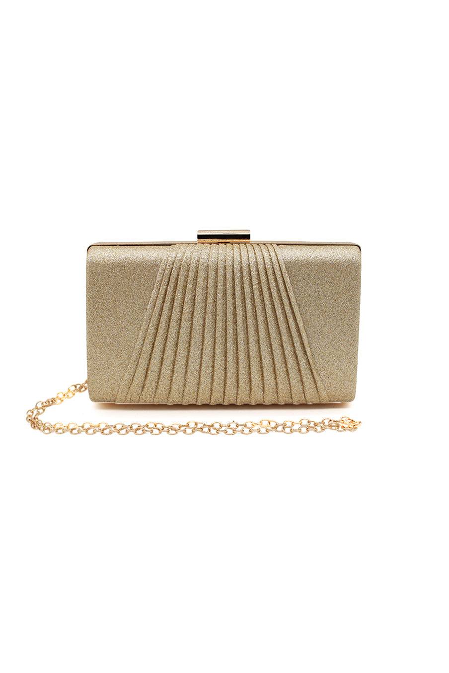 Glitter Clutch Bag with Pleated Design and Chain Strap