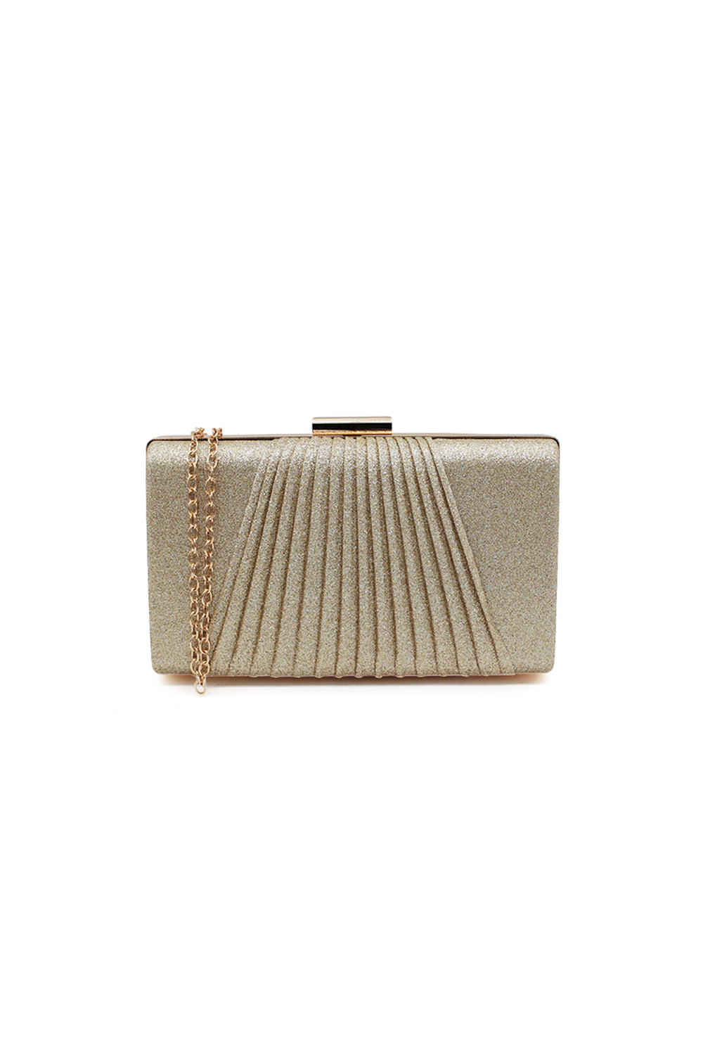Glitter Clutch Bag with Pleated Design and Chain Strap