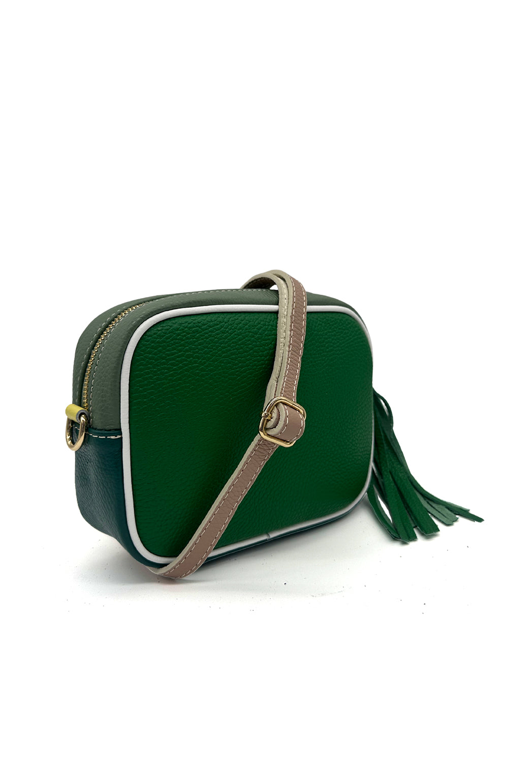 Italian Leather Colorblock Crossbody Camera Bag with Tassel