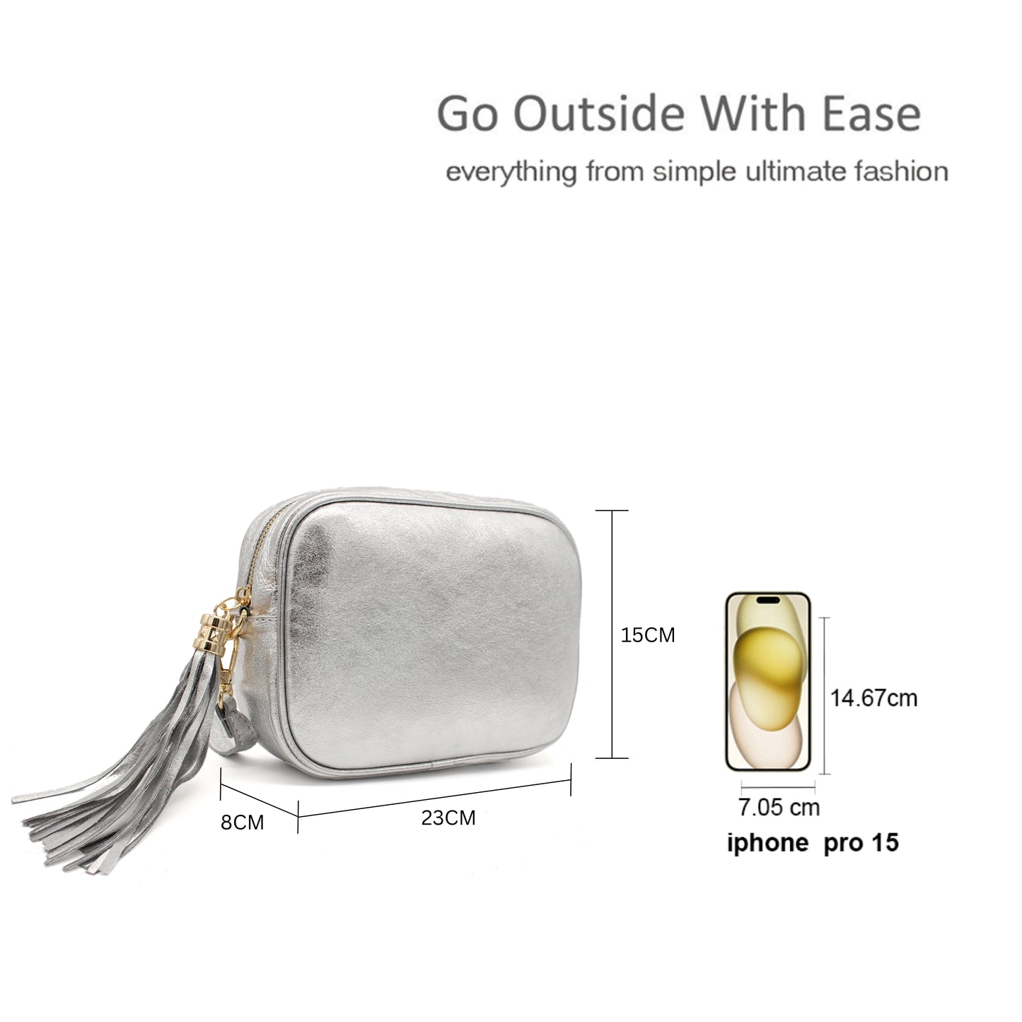 Metallic Crossbody Bag with Zipper Closure and Tassel Detail