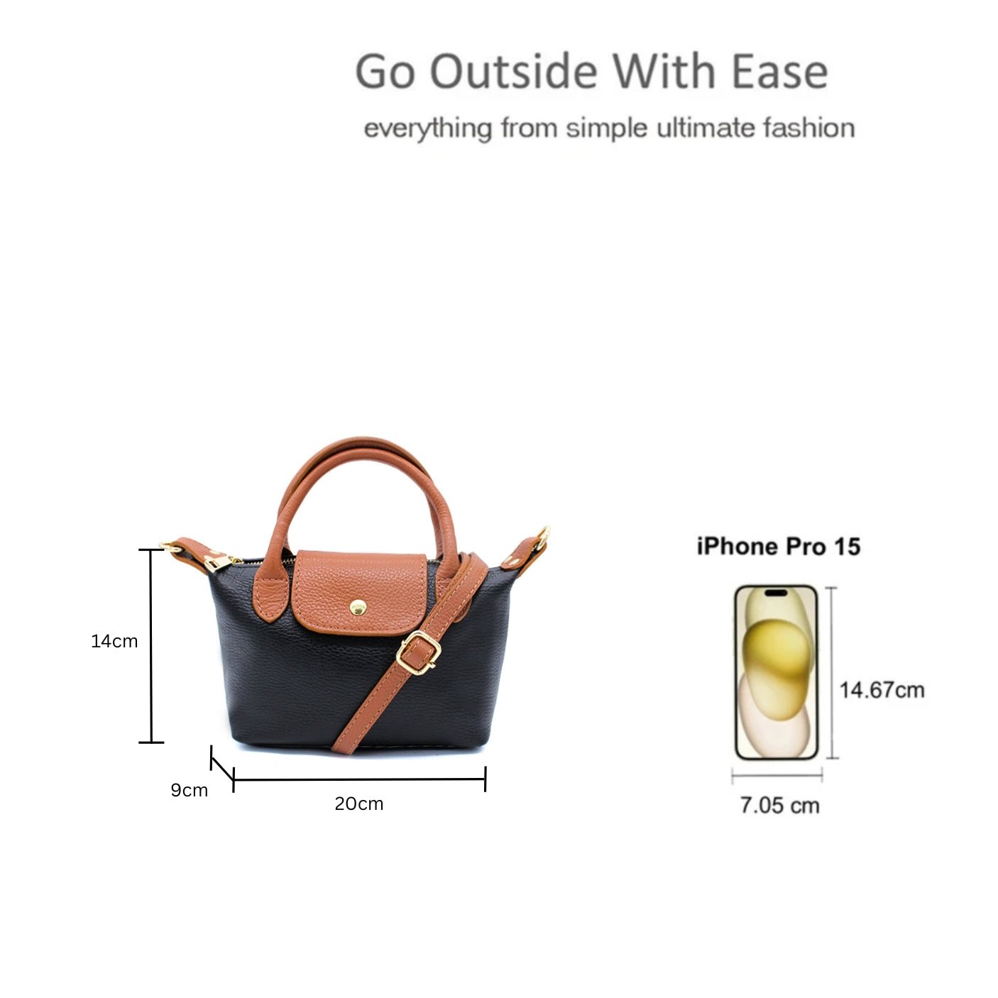 Compact Two-Tone Handbag with Top Handles and Strap