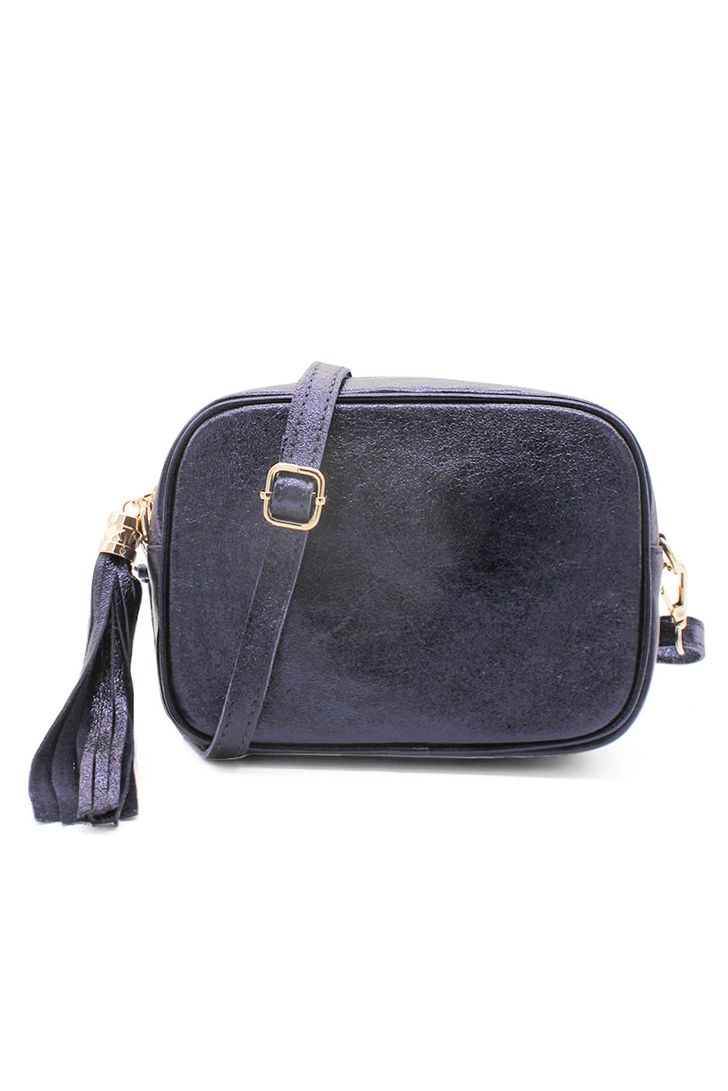Metallic Crossbody Bag with Zipper Closure and Tassel Detail
