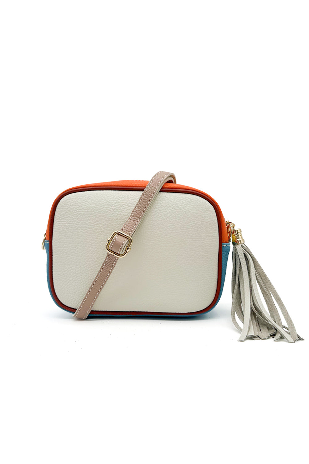 Italian Leather Colorblock Crossbody Camera Bag with Tassel