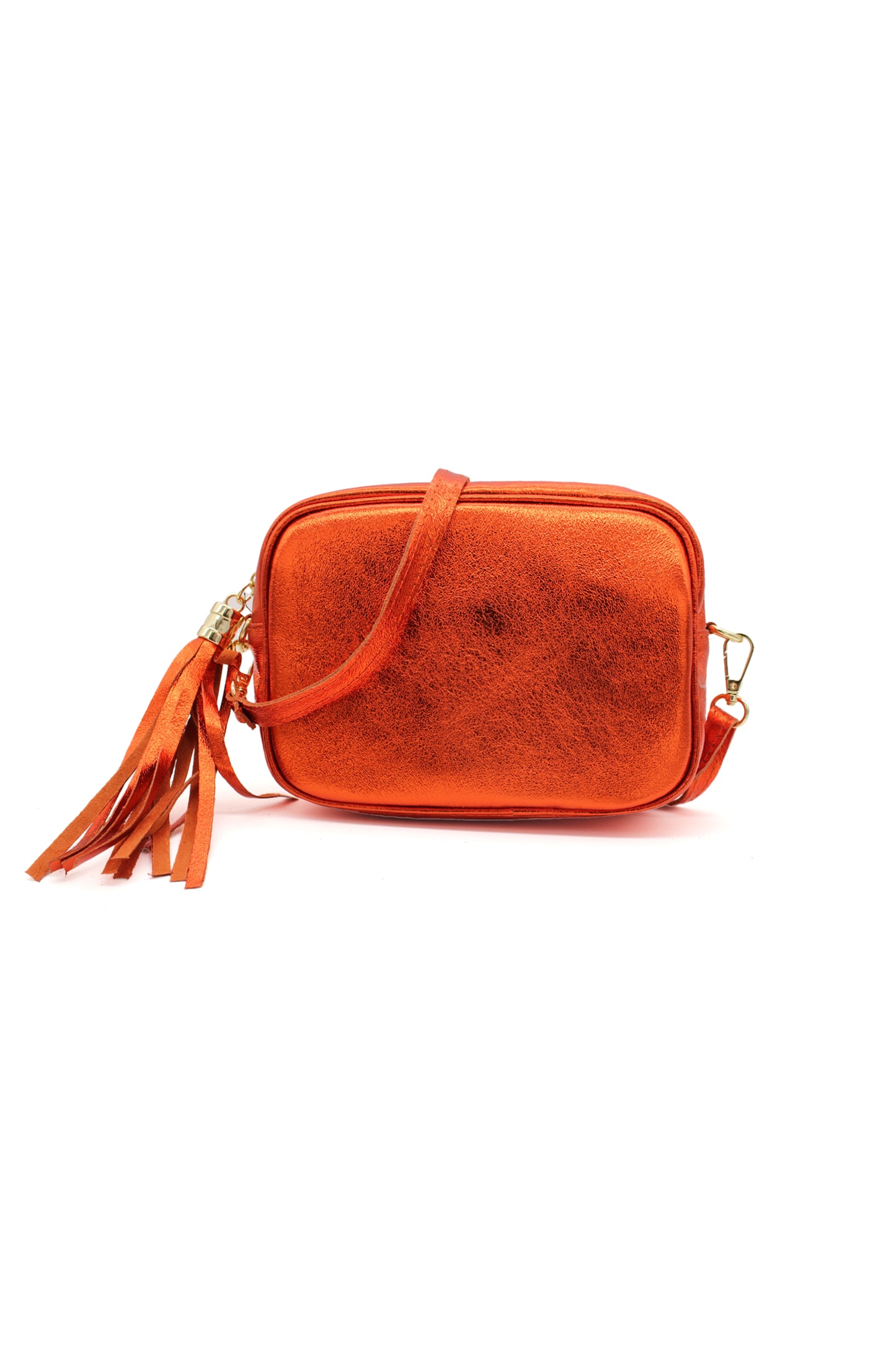Metallic Crossbody Bag with Zipper Closure and Tassel Detail