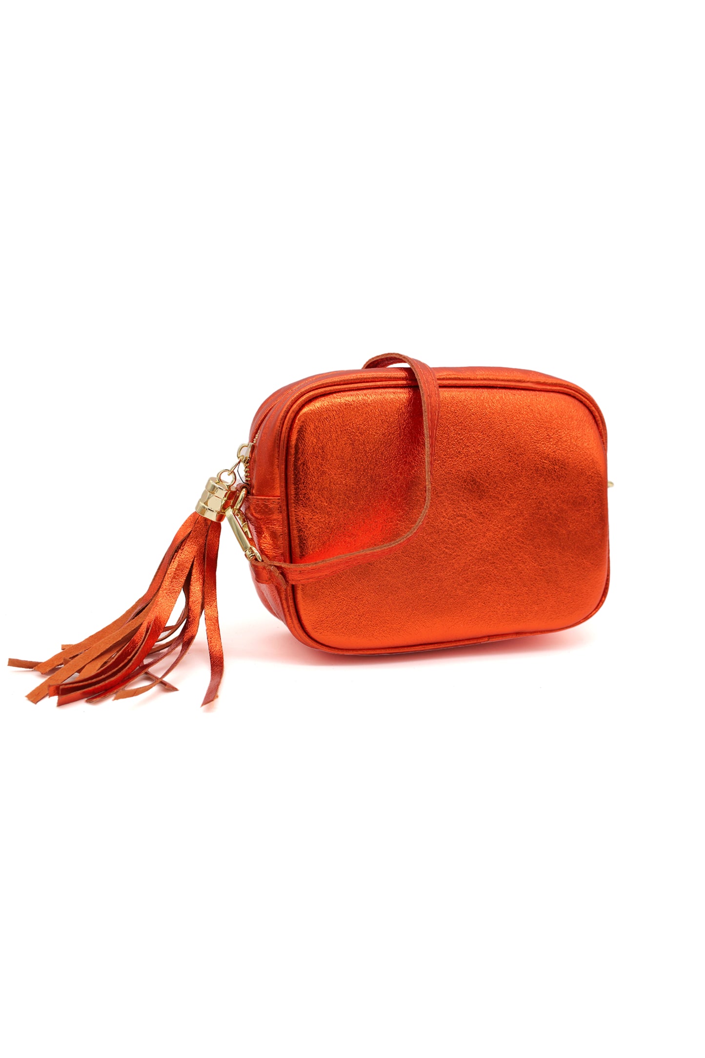 Metallic Crossbody Bag with Zipper Closure and Tassel Detail