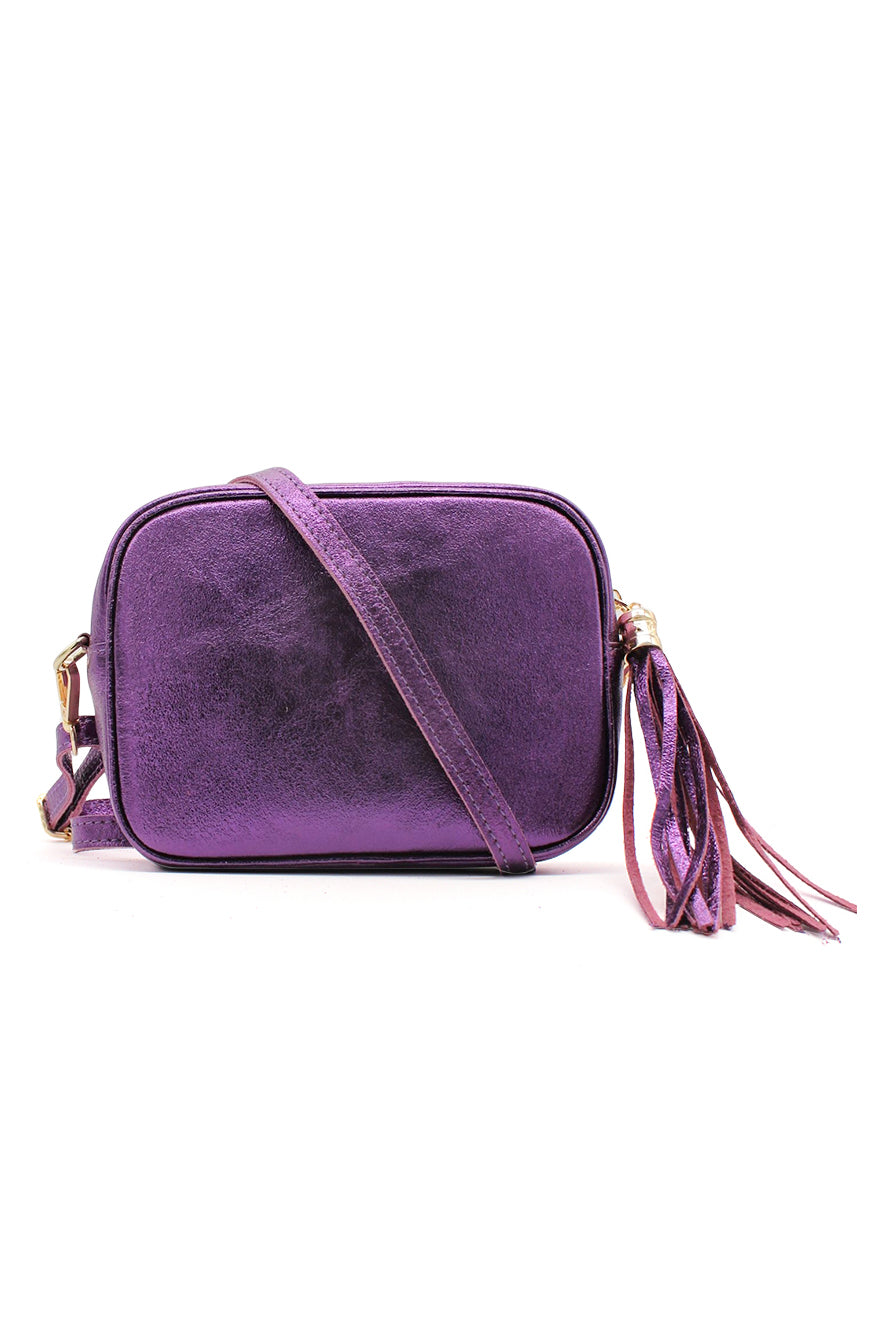 Metallic Crossbody Bag with Zipper Closure and Tassel Detail