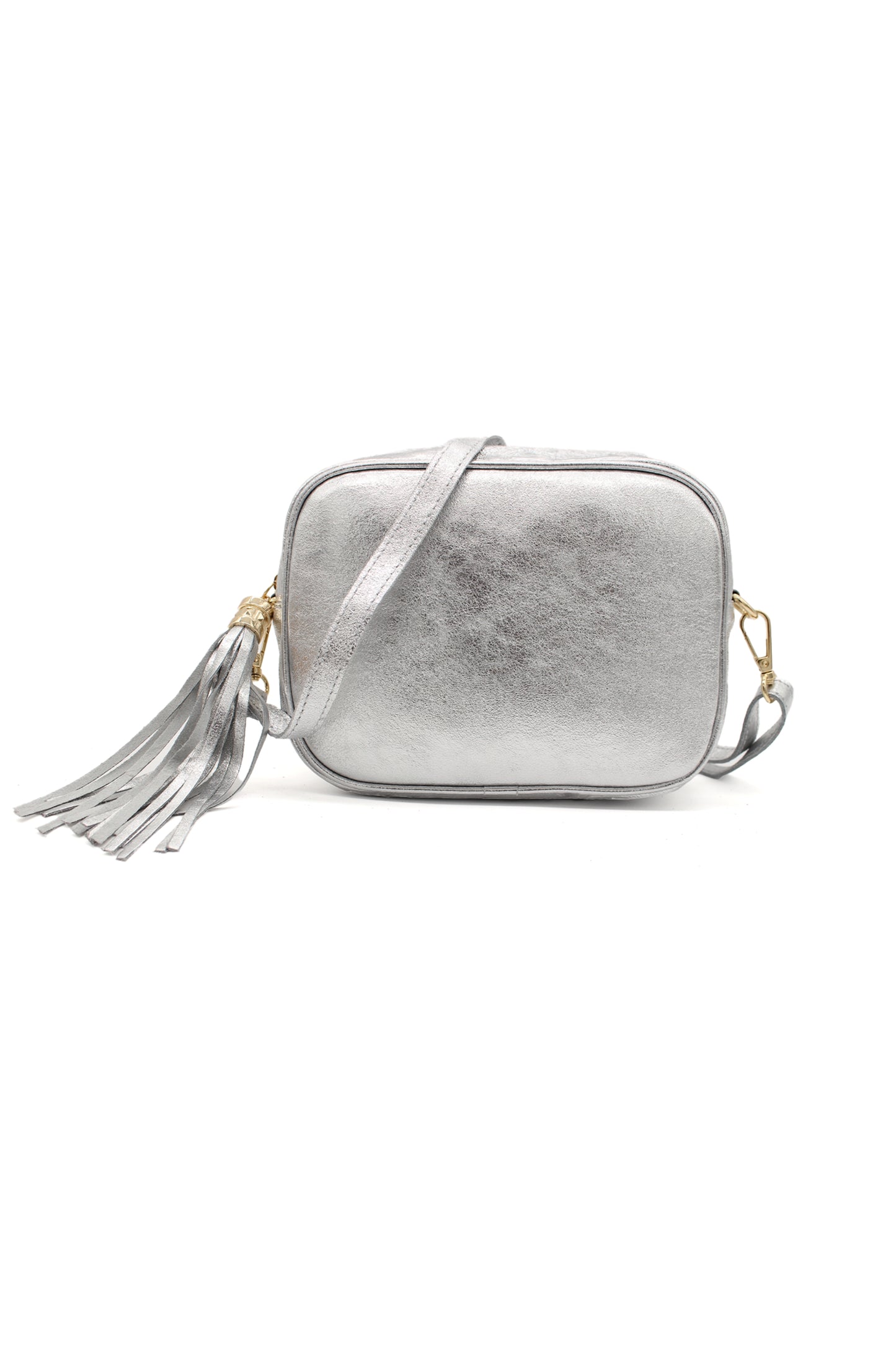 Metallic Crossbody Bag with Zipper Closure and Tassel Detail