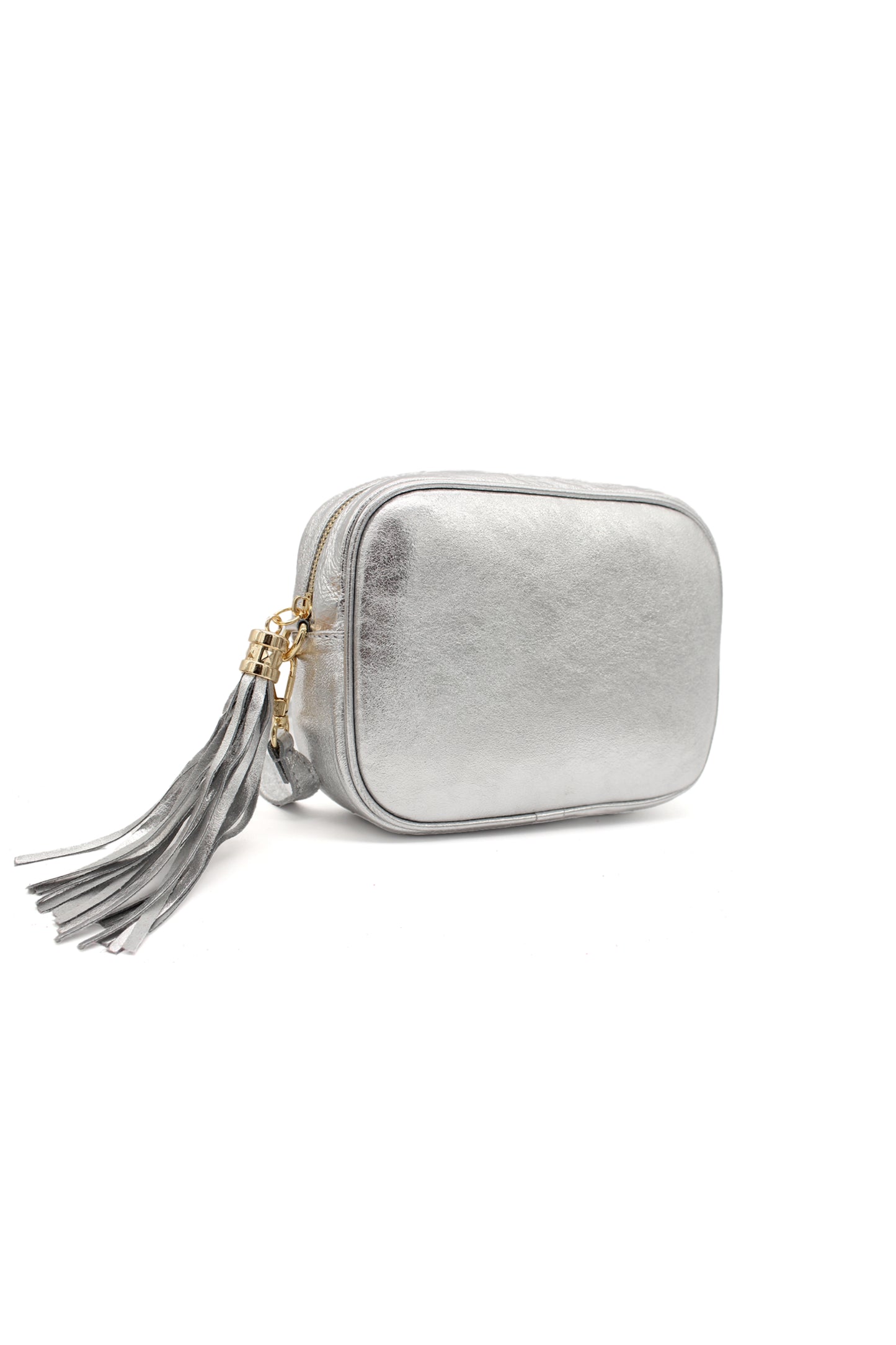 Metallic Crossbody Bag with Zipper Closure and Tassel Detail