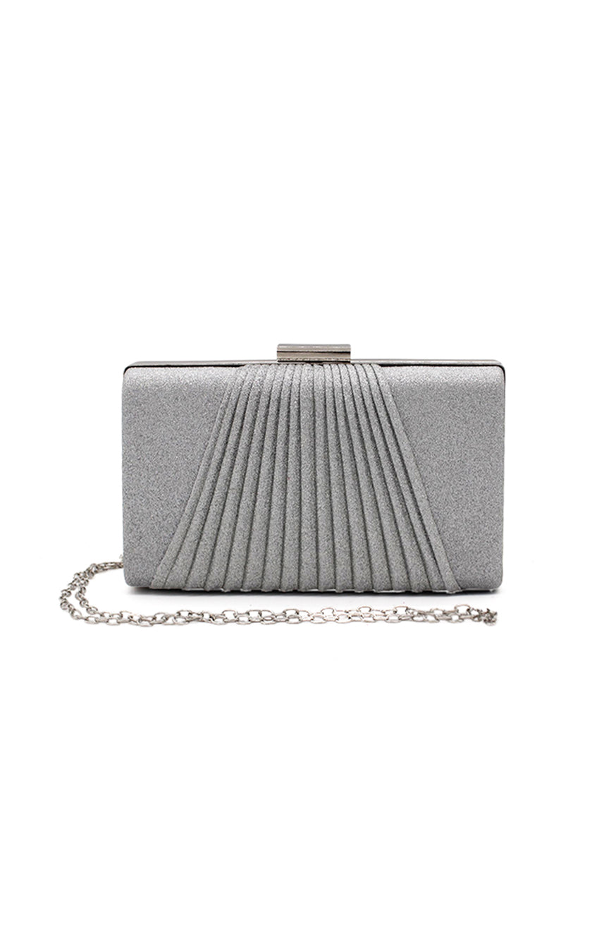 Glitter Clutch Bag with Pleated Design and Chain Strap
