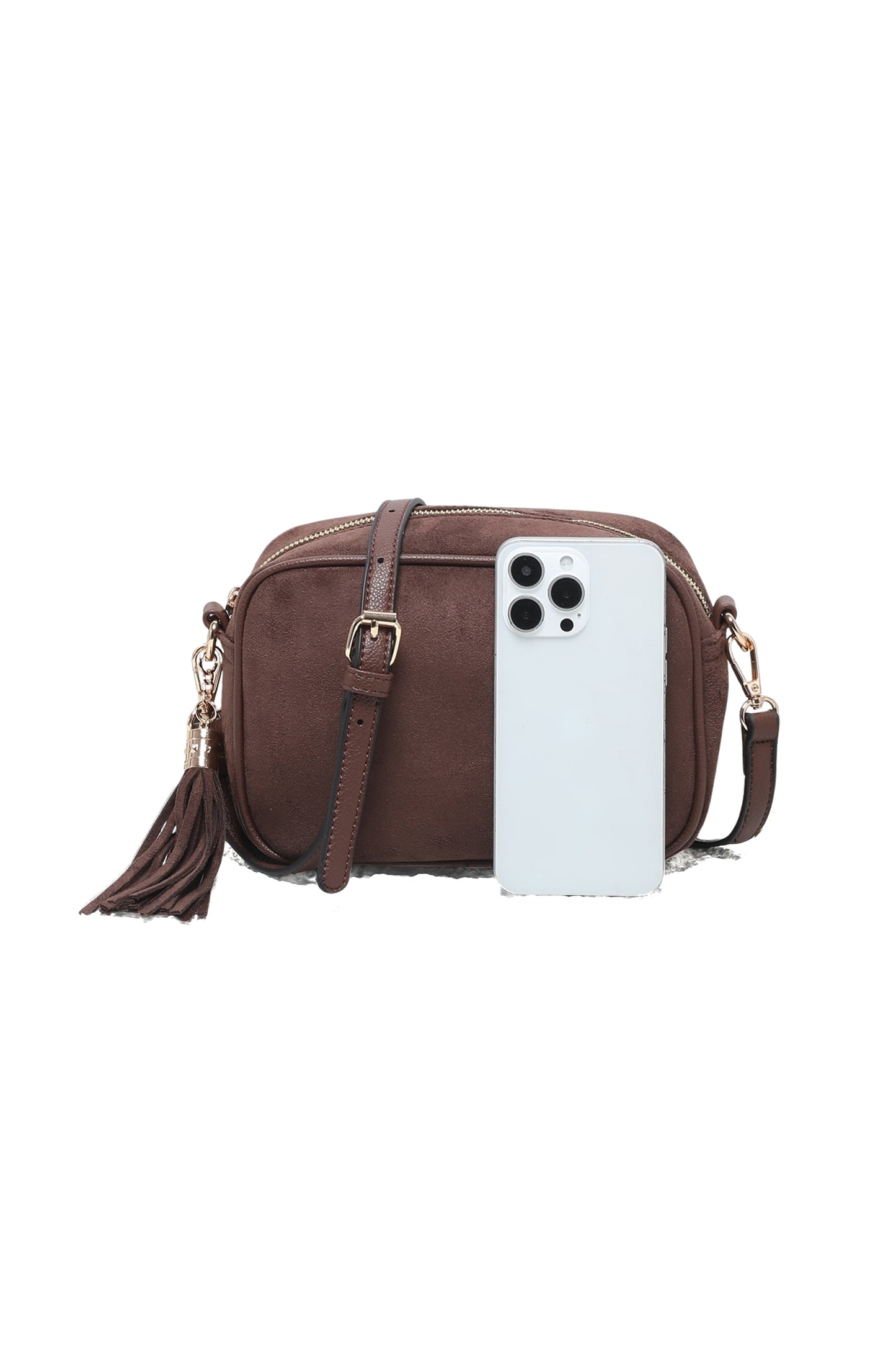 Vegan Suede Crossbody Bag with Tassel Zip Closure
