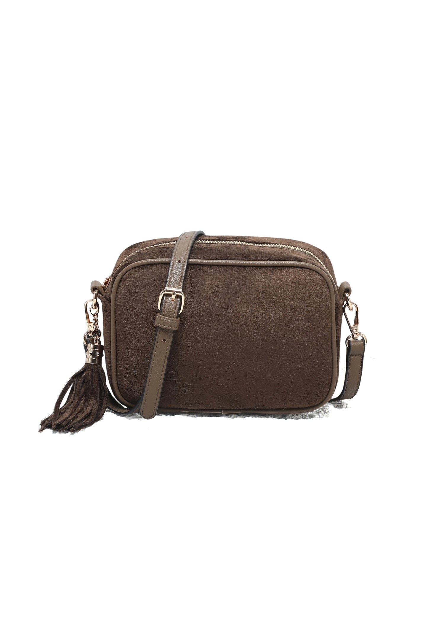 Vegan Suede Crossbody Bag with Tassel Zip Closure